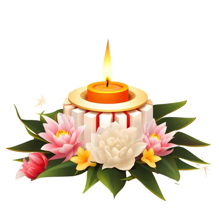 Orange Candle with Colorful Flowers and Leaves