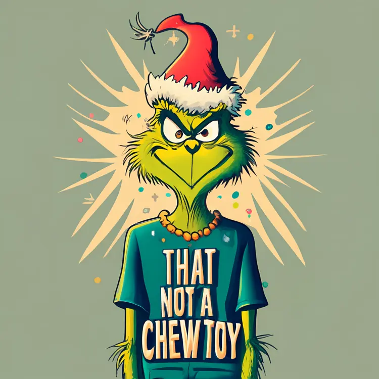Grinch in Santa Hat with 'That Not a Chew Toy' Shirt