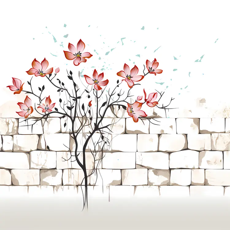 Stone Wall with Pink Flowers