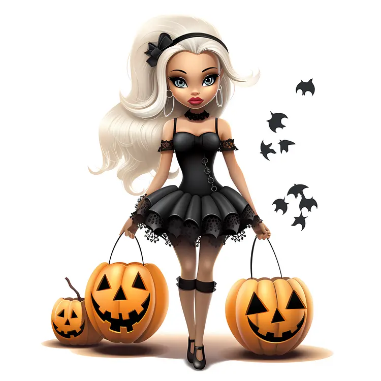 Blonde Halloween Girl with Pumpkins and Bats