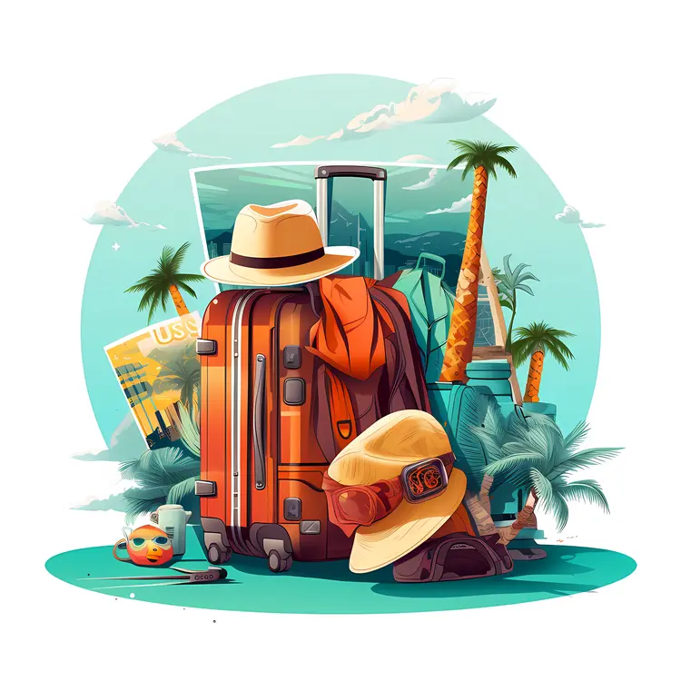 Luggage with Hat and Travel Essentials