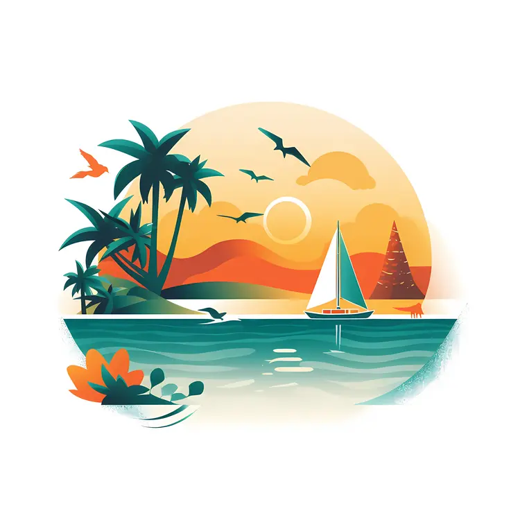 Sailboat at Sunset with Palm Trees