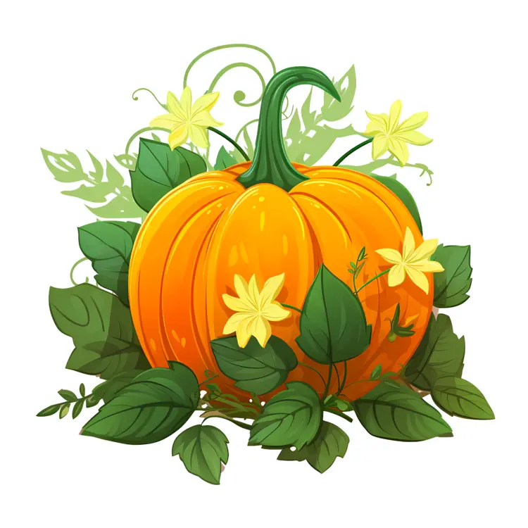 Pumpkin with Green Leaves and Yellow Flowers
