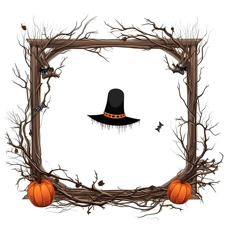 Halloween Frame with Witch Hat and Pumpkins