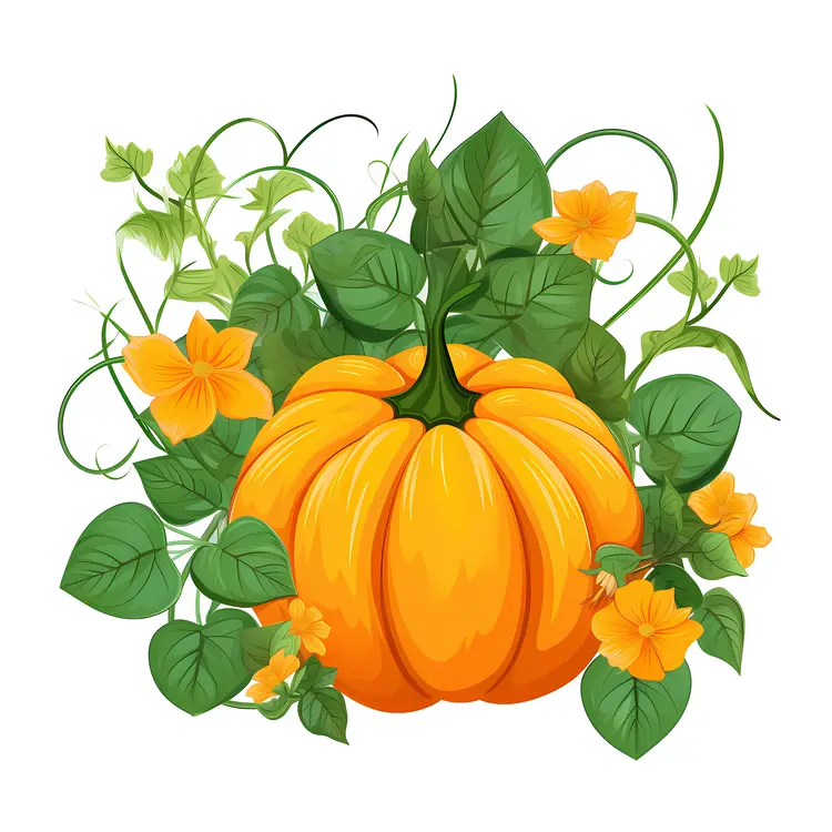 Orange Pumpkin with Leaves and Flowers