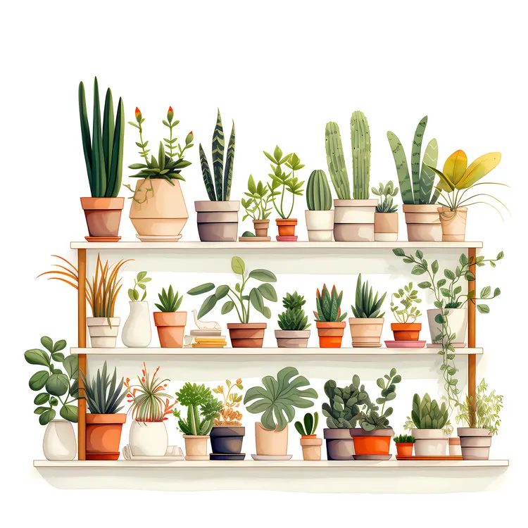 Assorted Potted Plants on Wooden Shelves