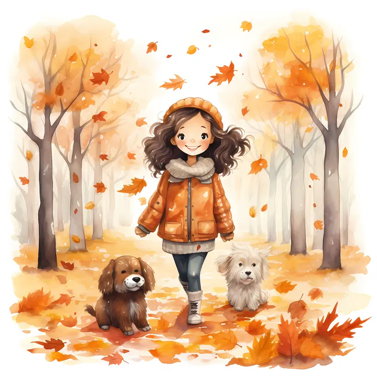 Girl Walking with Dogs in Autumn Forest