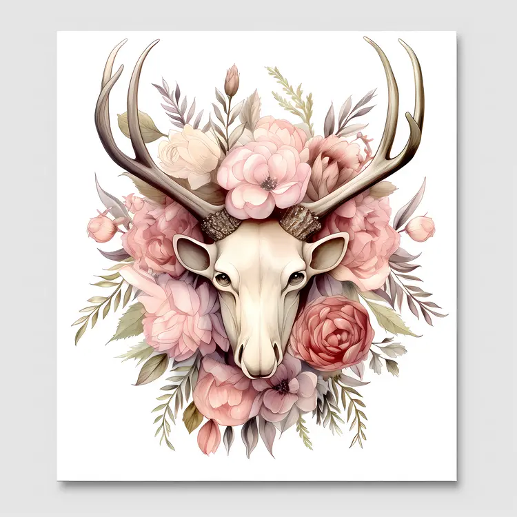Deer Skull with Pink Peonies