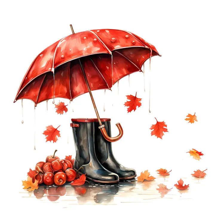 Black Boots and Umbrella with Autumn Leaves