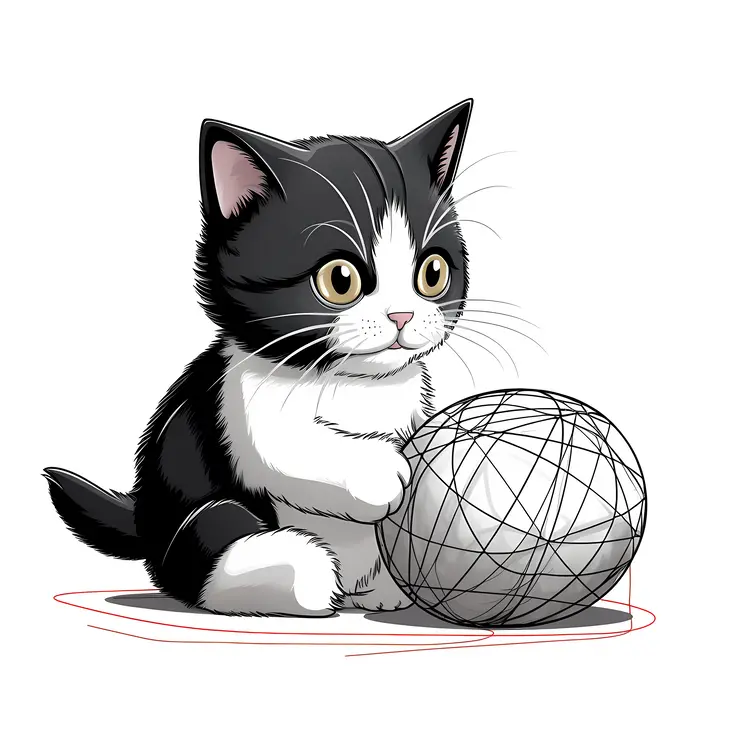 Cute Black and White Cat Playing with Yarn Ball