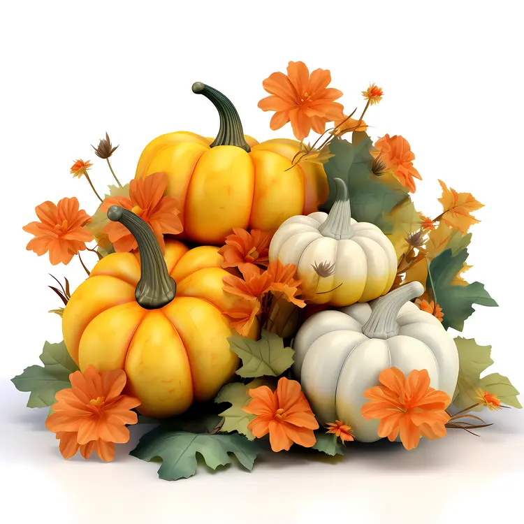Yellow Pumpkins and Orange Flowers Arrangement