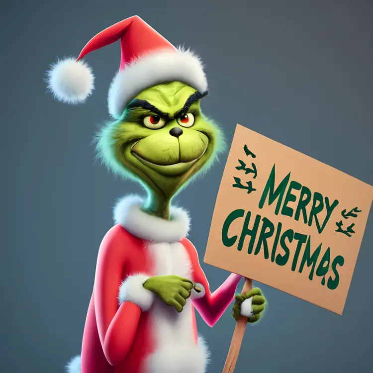Grinch in Santa Suit with Merry Christmas Sign