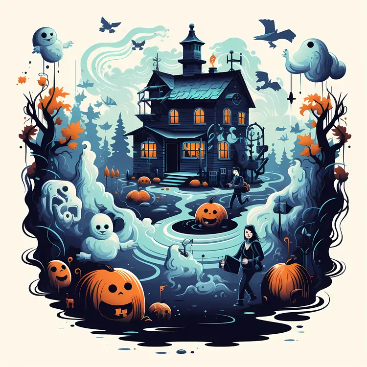 Spooky Haunted House with Ghosts and Pumpkins