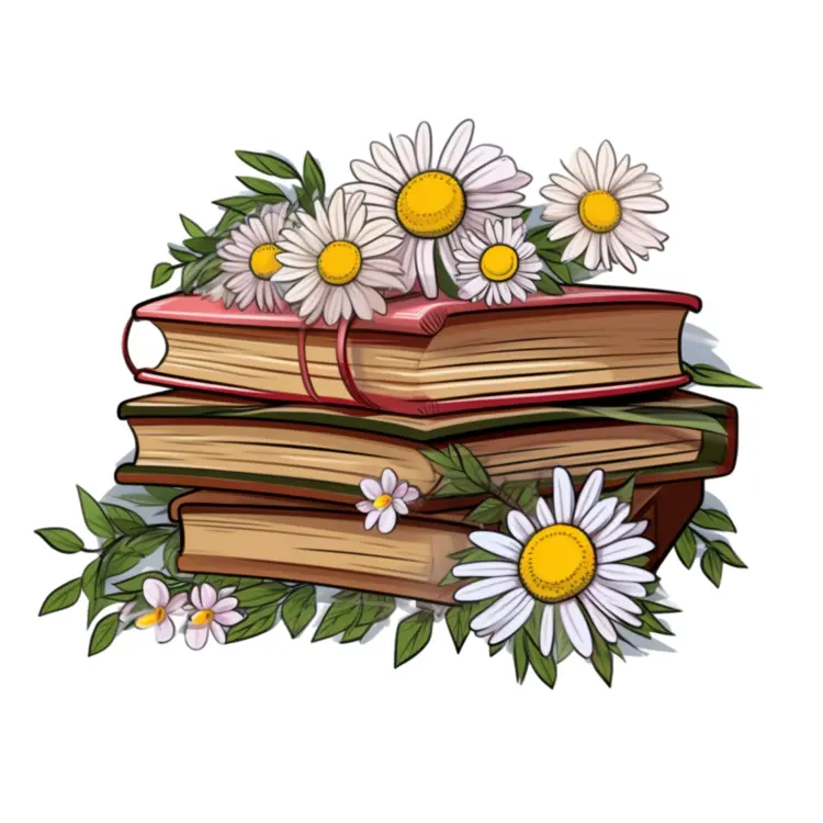 Stack of Books with Daisies Illustration