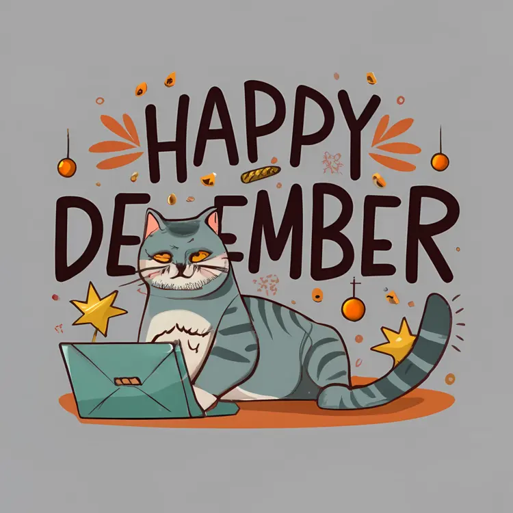 Cat with Laptop and Christmas Decorations