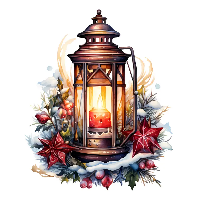 Christmas Lantern with Berries and Leaves