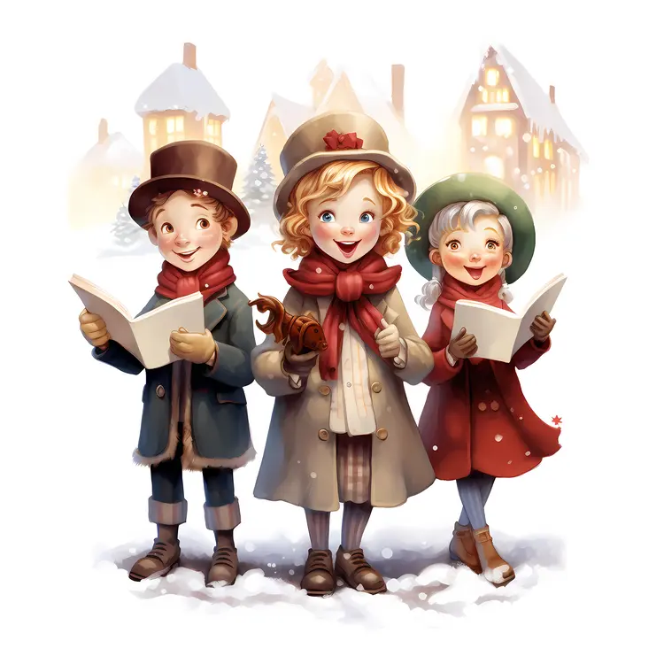 Children Singing Carols in Snowy Village