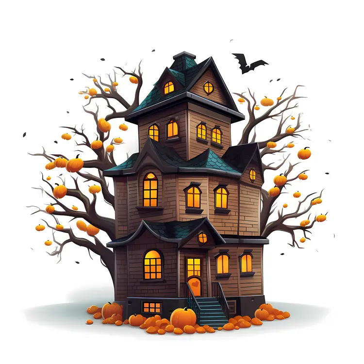 Spooky Haunted House with Pumpkins and Bats