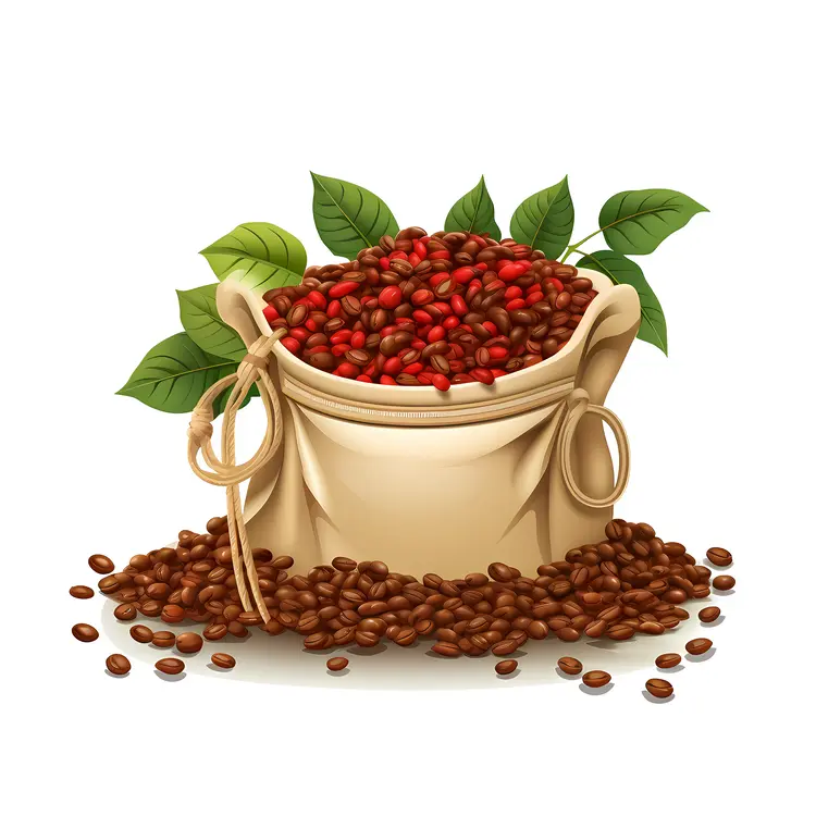 Sack of Coffee Beans with Green Leaves