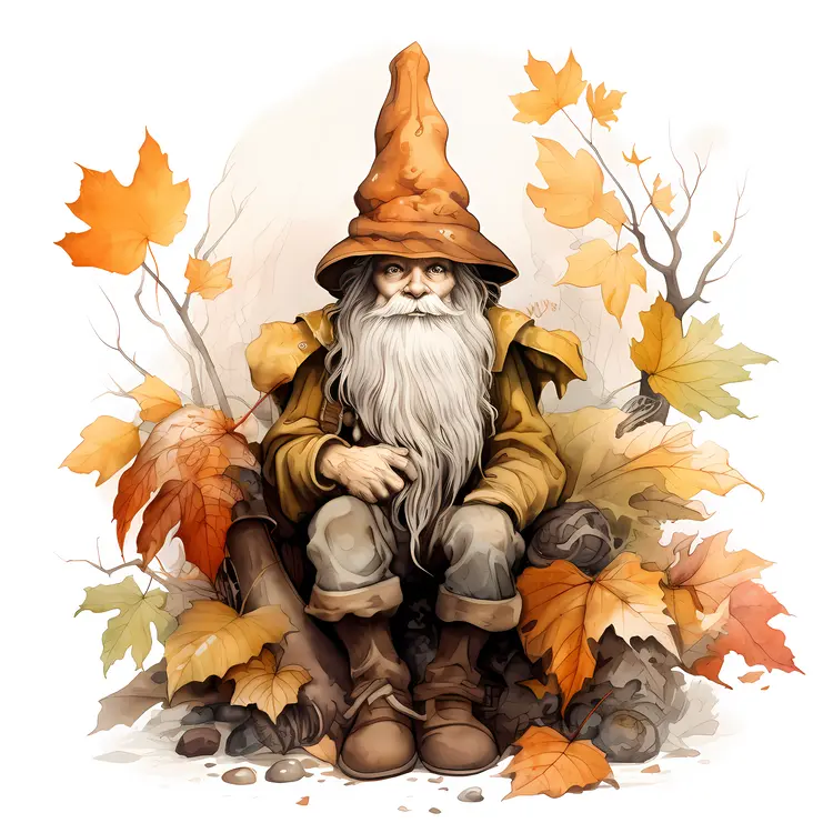 Old Elf Sitting with Autumn Leaves