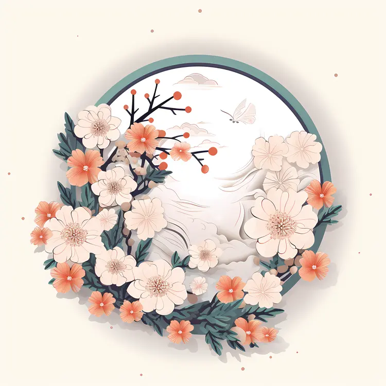 Floral Art with Moon and White and Pink Flowers