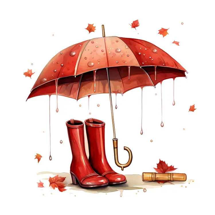 Red Umbrella and Rain Boots with Autumn Leaves