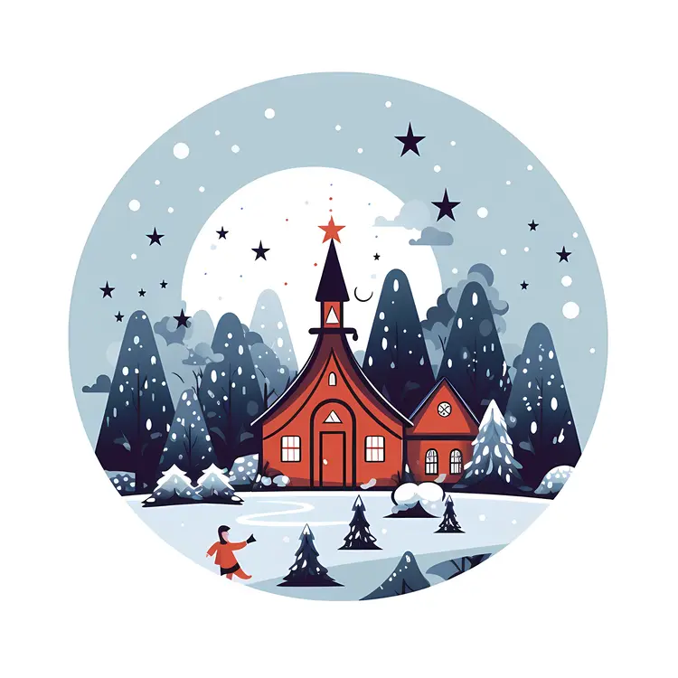 Snowy Winter Church at Night