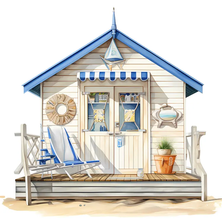 Small cute beach hut with blue and white decor