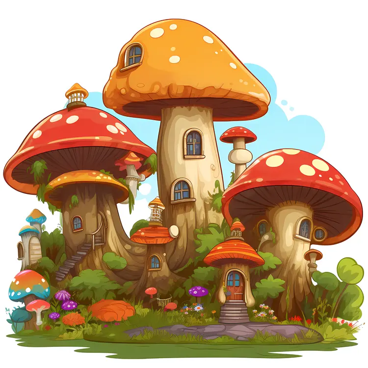 Whimsical Mushroom Houses Illustration