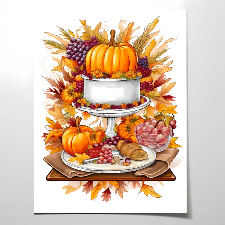 Pumpkin Cake with Grapes and Autumn Leaves for Thanksgiving
