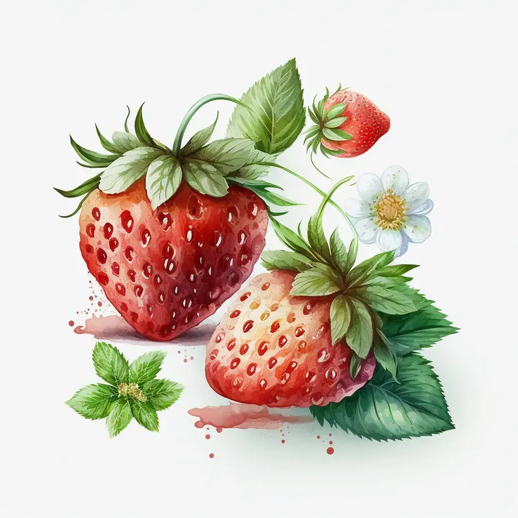 Beautiful Watercolor Strawberries with Leaves and Flower