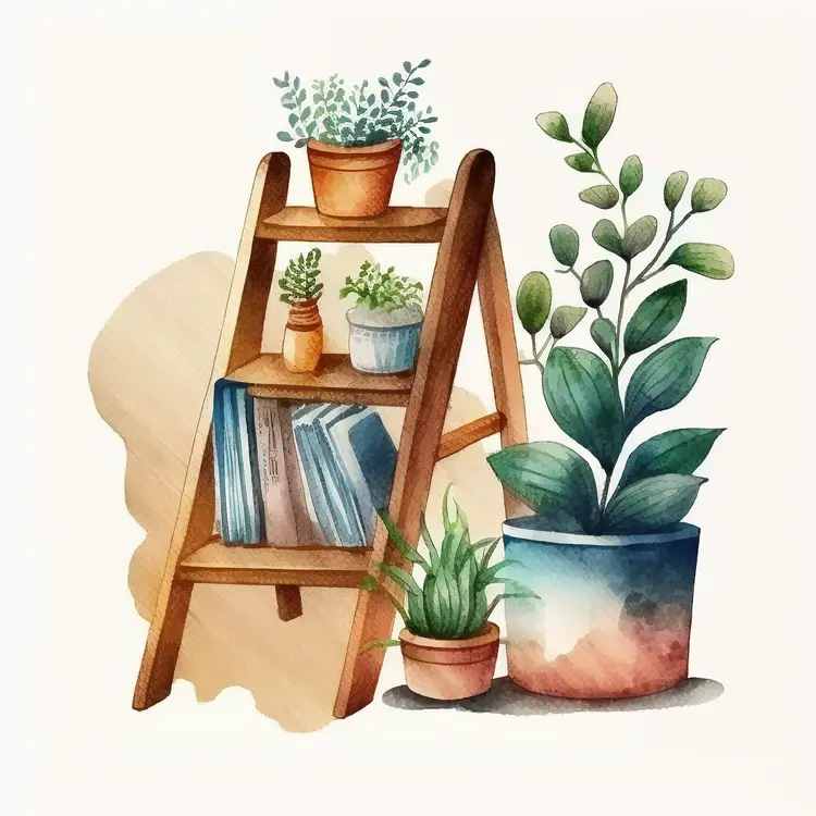 Wooden Shelf with Potted Plants and Books