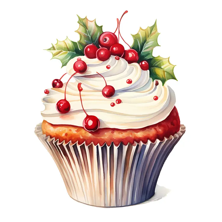 Cupcake with Holly and Red Berries