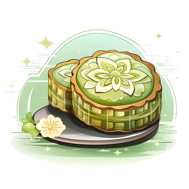 Green Mooncakes with Flower Design on Plate
