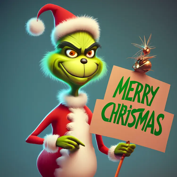 Grinch in Santa Suit with Merry Christmas Sign