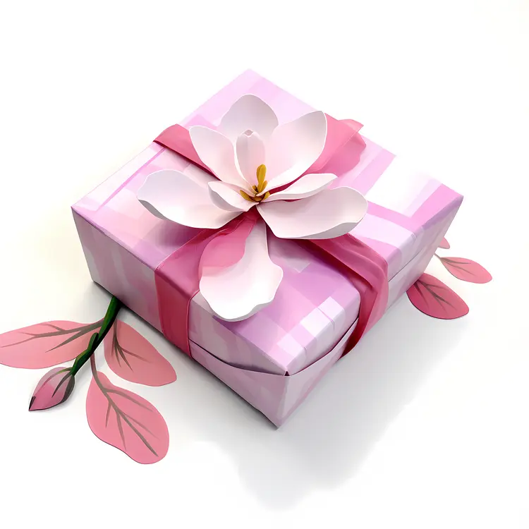 Charming Pink Gift Box with Flower and Leaves