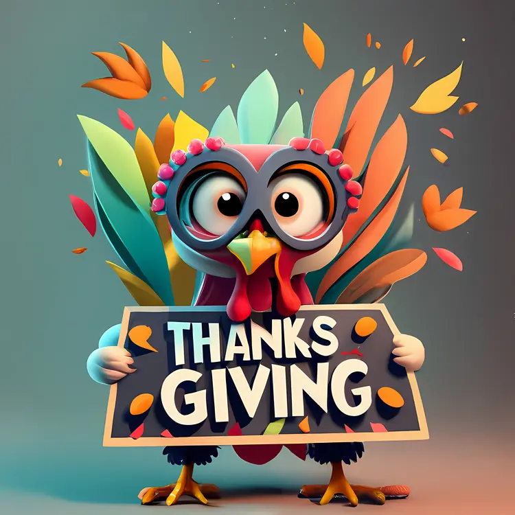 Thanksgiving Turkey with Colorful Feathers Holding Sign