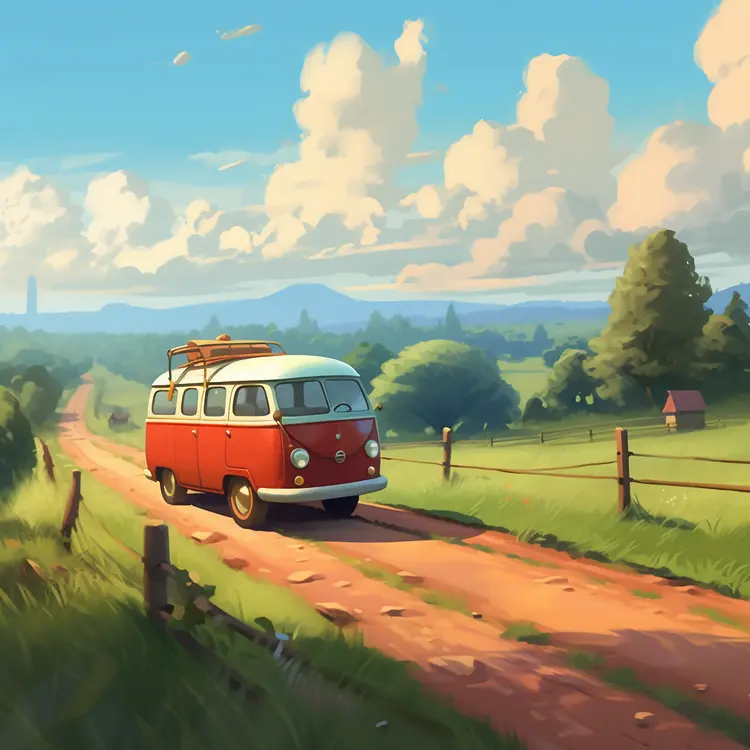 Vintage Van on a Scenic Countryside Road