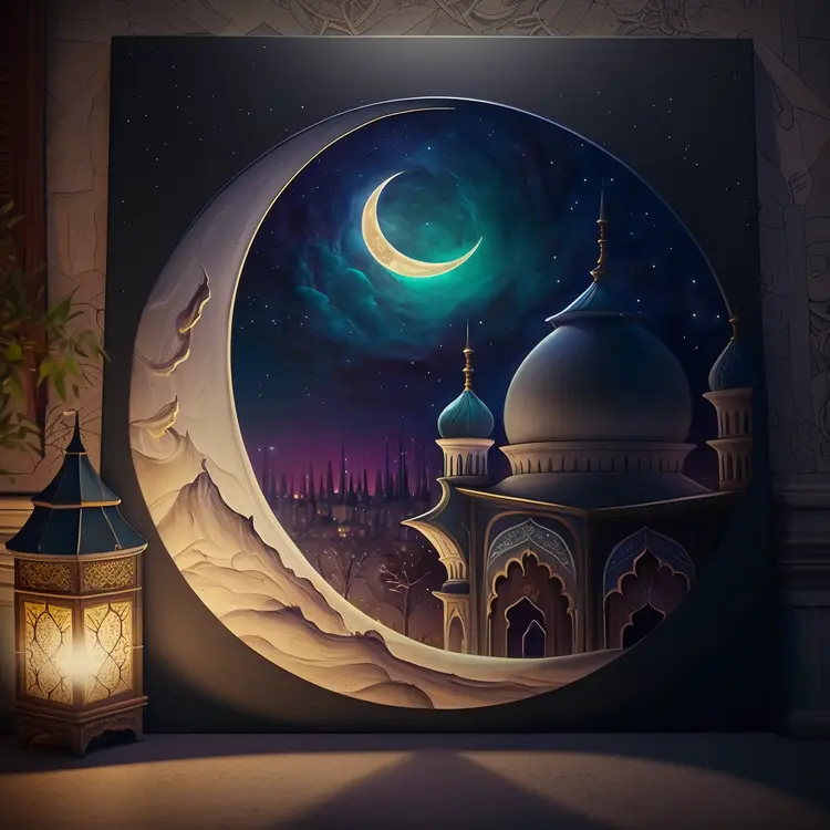 Beautiful Mosque with Crescent Moon and Lantern for Ramadan