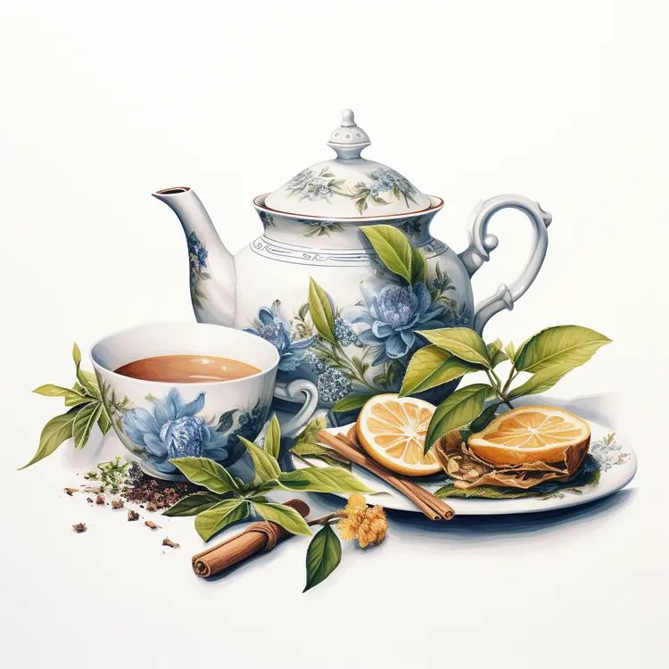 Beautiful Tea Set with Lemon and Cinnamon