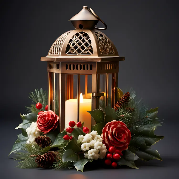 Festive Lantern with Candle and Flowers