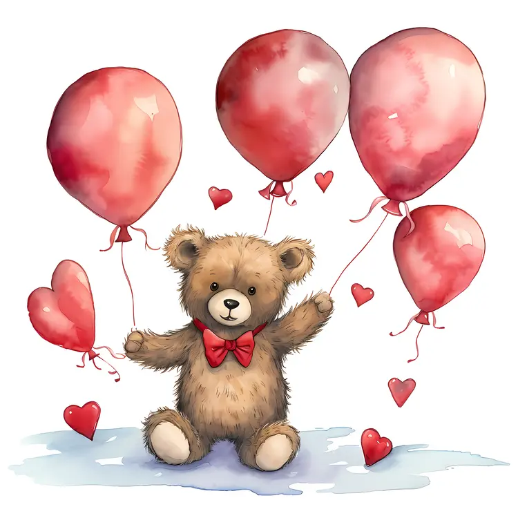 Cute Teddy Bear with Red Balloons for Valentine's Day