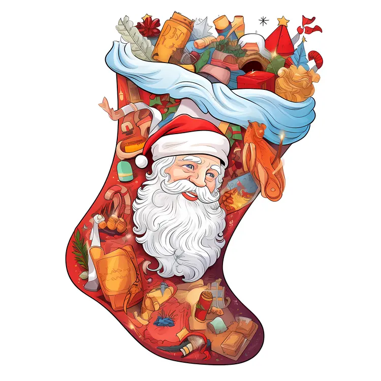 Santa Claus in Christmas Stocking Filled with Gifts