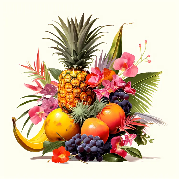 Tropical Pineapple and Fruits with Flowers