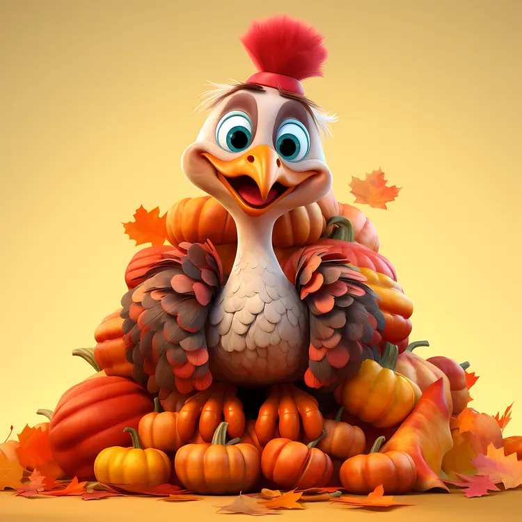 Cheerful Turkey with Pumpkins