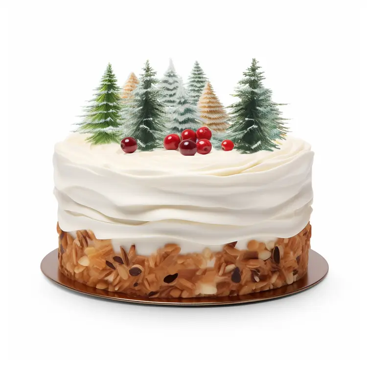 Christmas Cake with Pine Trees and Red Berries