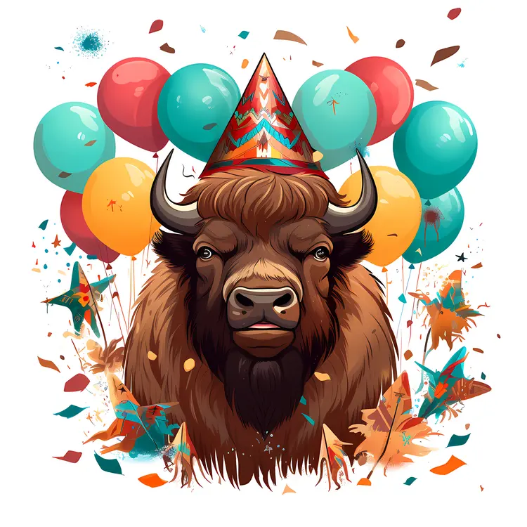 Bison with Party Hat and Balloons