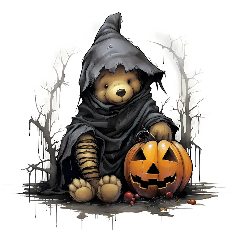 Teddy Bear in Hood with Pumpkin