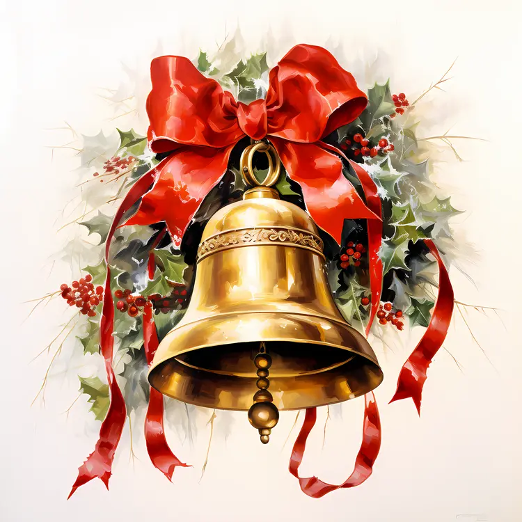 Golden Bell with Red Bow and Holly Berries