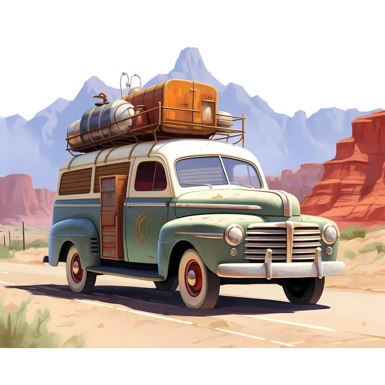 Vintage Van with Luggage in Desert